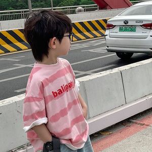 巴拉巴柆韩系100%纯棉男童t恤短袖男孩帅气男宝宝童装粉色条纹夏