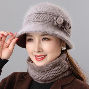 针织帽女士冬季奶奶毛线帽围脖帽子套装盆帽兔毛加绒保暖妈妈防寒