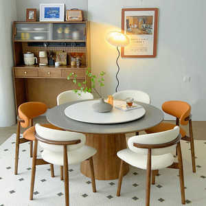 复古实木圆桌北欧现代简约家用带转盘胡桃色岩板餐桌大小户型钣桌