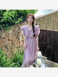 紫色V领系带连衣裙2023夏季甜美温柔纯欲风中长款森系仙仙裙女