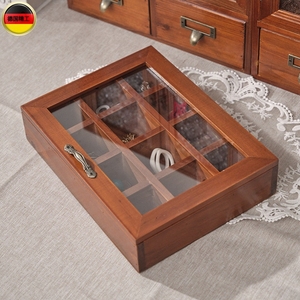 德国12格复古实木首饰盒收纳盒饰品文玩格子收纳盒格玻璃盖木盒子