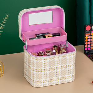 化妆包化妆品收纳盒化妆箱大容量多功能便携手提双层带镜子简约粉