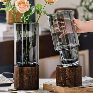 简约创意木托玻璃花瓶直筒银柳插干花瓶富贵竹大花瓶客厅装饰摆件