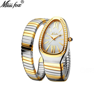 MISSFOX手表 中东爆款女士时尚个性蛇头手镯不锈钢镶钻蛇形手表女