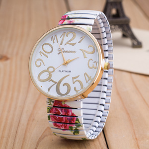 印花彩色弹力带手表弹力带时装饰品手表12大数字女士手表