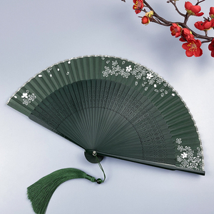 日本进口无印良品扇子夏天便携古风绿色折扇女式随身古典中国风汉