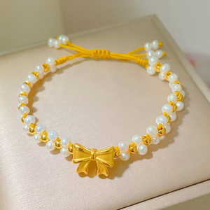 周大福适用新款24k黄金手链在逃公主999金珍珠蝴蝶结猫眼石转运珠