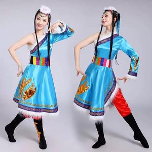 新款斜肩藏袍舞台表演少数民族藏服扎西德嘞舞蹈服藏族演出服长裙