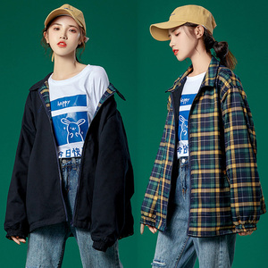 格子外套女初春秋季褂子女韩版宽松百搭初中高中学生两面穿上衣服