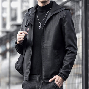 连帽男士皮衣外套潮流春秋款休闲带帽机车软皮夹克男冬季加绒加厚