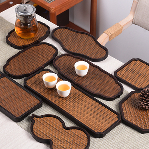 茶盘小型干泡台长方形家用茶托盘复古功夫茶具竹制仿中式席纹茶台