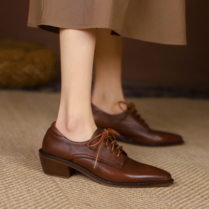 水洗复古尖头深口单鞋女粗跟系带牛津鞋中跟小皮鞋软皮软底女鞋