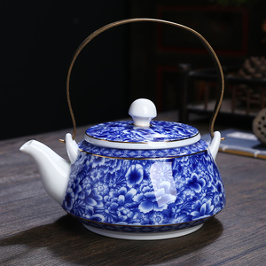 景德镇青花瓷茶壶陶瓷大容量日式凉水壶大号冷水壶提梁泡茶壶家用