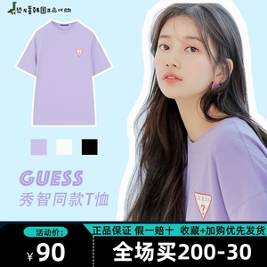 韩国正品代购GUESS秀智同款紫色短袖T恤20新款夏男女圆领NK2K0347