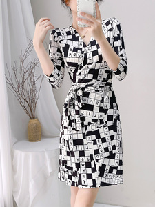 ELLA DVF50周年限定黑白格子短款V领气质通勤夏季显瘦裹身连衣裙