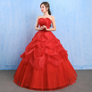 韩版婚纱2024夏新款新娘结婚婚纱礼服简约显瘦齐地抹胸红色蓬蓬裙