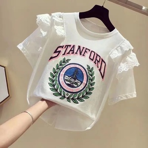 女童短袖夏装洋气体恤上衣2022新款宝宝童装儿童蕾丝拼接t恤夏季