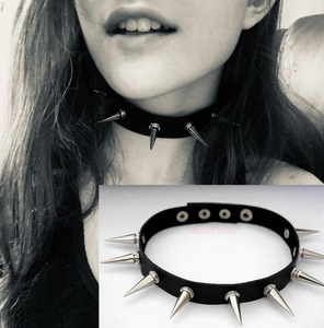 欧美女士项链个性牛皮黑色项圈夸张款脖链锁骨链长尖刺男演出颈带