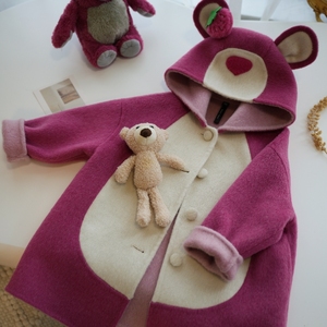 草莓熊双面羊毛大衣秋冬儿童可爱卡通连帽毛呢外套女童中长款宝宝