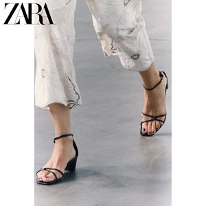 ZARA夏季新品 女鞋 时尚黑色气质一字带高跟粗跟凉鞋 1351310 800