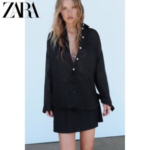 ZARA24春季新品 女装 基本款黑色纯亚麻衬衫 8372120 800