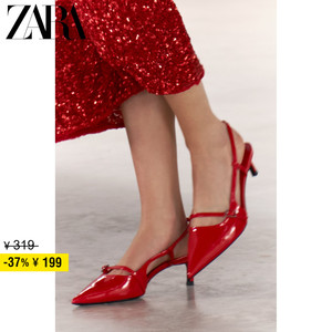 ZARA折扣季 女鞋 红色细拉带饰露跟猫跟高跟穆勒鞋 1206310 600