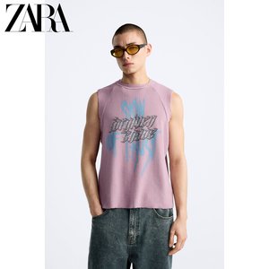 ZARA24夏季新品 男装 粉红色无袖印字背心式休闲T恤 4805404 620