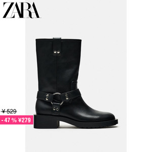ZARA特价精选 女鞋 黑色复古西部机车款带扣平底短靴 2179310 800