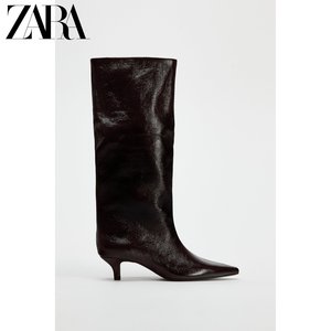 ZARA2024秋季新品 女鞋 绛红色漆皮效果宽筒尖头猫跟靴 1006410