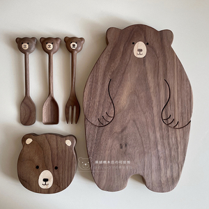 可爱熊＆胡桃丨手工木作垫子 日式果酱蜂蜜小勺子叉子木质砧板盘