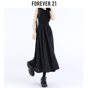 Forever 21韩版简约黑色连衣裙女小众设计吊带背心无袖长裙子夏季