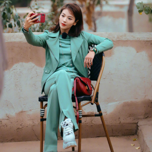 高端亲爱的客栈3刘涛同款浅绿色皮衣外套夹克开叉西装长裤套装