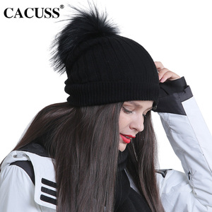 cacuss纯羊毛帽子女冬季针织帽时尚貉子毛球保暖女士大头围毛线帽