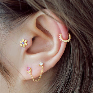 filledu家  粉钻花法式美 14k包金925纯银双耳洞螺丝耳钉女新款