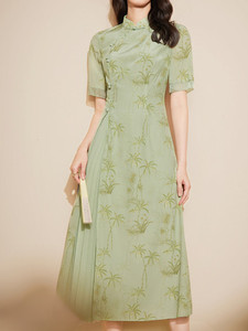卡米兰显瘦花裙子春夏新款优雅国风连衣裙女绿色改良旗袍女新中式
