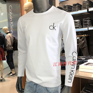 ck长袖t恤男calvin klein男装小logo印花男士打底衫圆领体恤上衣