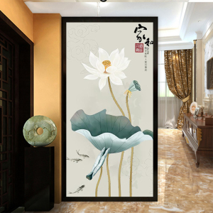 新中式玄关壁纸家和富贵走廊过道墙纸荷花墙布装饰画竖版定制壁画