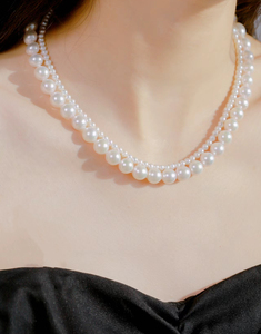优雅双层项链温柔气质4-8mm近圆珍珠项链，镀18K金双珠珍珠耳环
