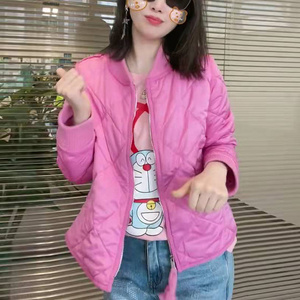 粉色羽绒服女轻薄短款菱形格立领网红2024年洋气时尚欧货爆款外套