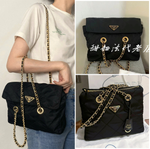 prada/普拉达女包黑金链条25降落伞翻盖单肩斜挎流浪包中古托特包