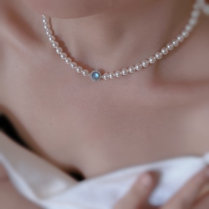 「蓝之缘」海蓝宝施家珍珠项链轻奢小众纯银颈链叠戴锁骨链高级感