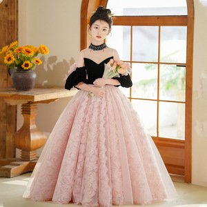 优雅法式赫本风儿童礼服新款一字肩蓬蓬纱公主裙主持人钢琴演出服