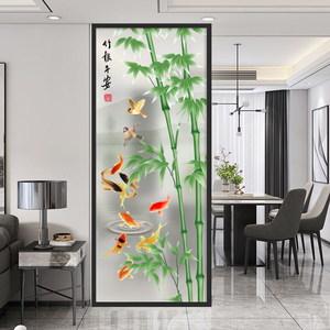 艺术玻璃客厅屏风5夹5双层钢化材质中式风格入户隔断磨砂透光竹子