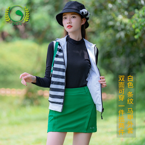 golf高尔夫女装秋冬季新款背心黑白条纹双面连帽马甲户外运动外套