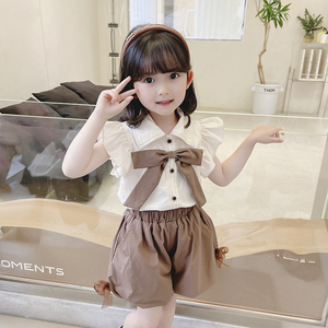 女童套装夏季新款韩版儿童蝴蝶结衬衫花苞腰短裤宝宝洋气两件套薄