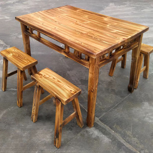 饭店实木桌子板凳一桌四椅新中式快餐店小吃店烧烤碳化木桌椅商用