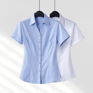 v领短袖蓝色衬衫女职业套装夏前台接待正装职场工装面试衬衣上衣