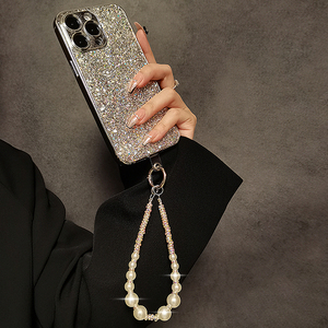 银色闪粉亮片适用苹果15promax手机壳iPhone14promax高级感小众13奢华电镀水钻珍珠手提链条华为P60pro保护套