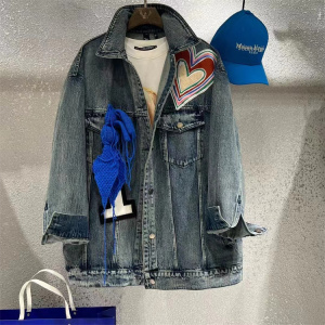 gg潮牌欧美风2022春季新款时尚心形图拼接网纱单排扣口袋牛仔外套