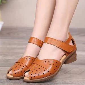 妈妈凉鞋女装凉鞋夏季50岁60中老年真皮凉鞋女式粗跟大码鱼嘴凉鞋